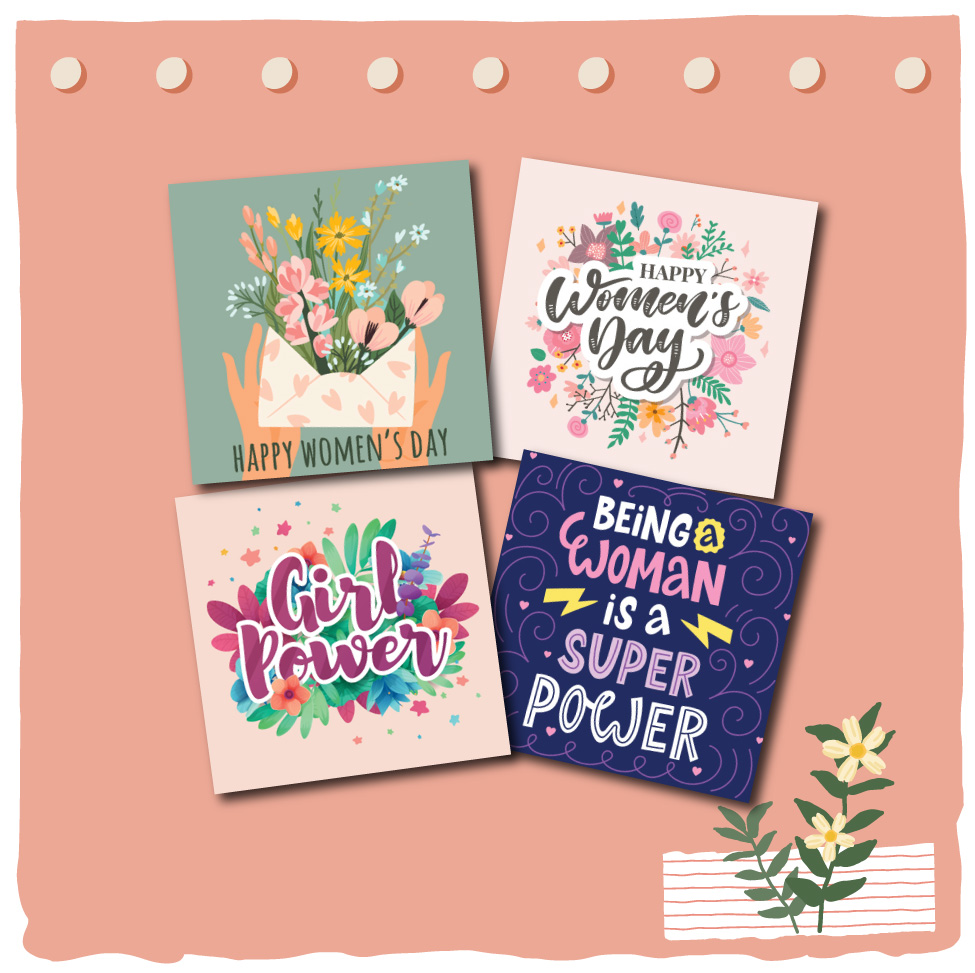 Combo 4c Thiệp ngày phụ nữ 8.3 và 20.10 Women's day - Thiệp Grey 9x9cm kèm phong bì