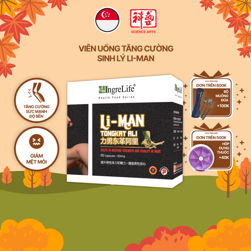 Viên Uống Tăng Cường Sinh Lý Nam Li-Man Tongkat Ali IngreLife Singapore Tăng Cường Sức Mạnh, Độ Bền Và Sinh Lực Nam, Hỗ trợ Giảm Mỏi Cơ Trong Thể Thao - Hộp 60 Viên