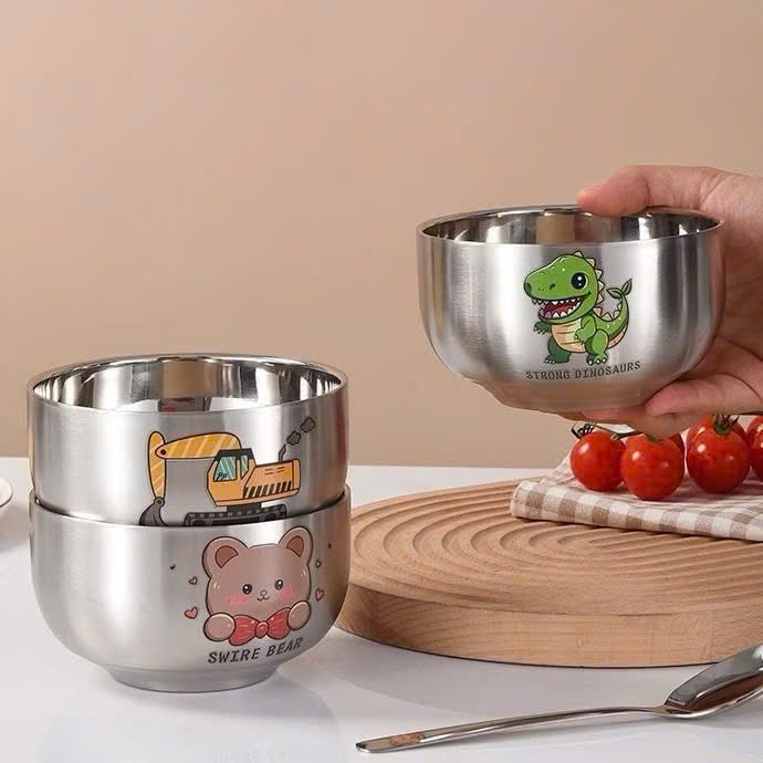 Bát Inox Kèm Thìa Chống Nóng Dày Dặn Cho Bé Ăn Dặm In Hình Con Vật Ngộ Nghĩnh - HÀNG CHÍNH HÃNG MINIIN