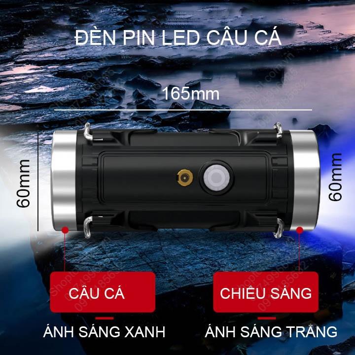 Đèn pin led câu cá D05, 01 đầu ánh sáng xanh chuyên dẫn dụ cá, 1 đầu ánh sáng trắng chiếu sáng, kèm giá đỡ đèn