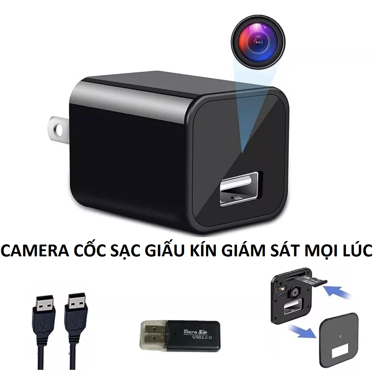 Camera cốc sạc mini quan sát giấu kín góc quay rộng 90 độ chất lượng hình ảnh HD 1080p 4K loại tốt