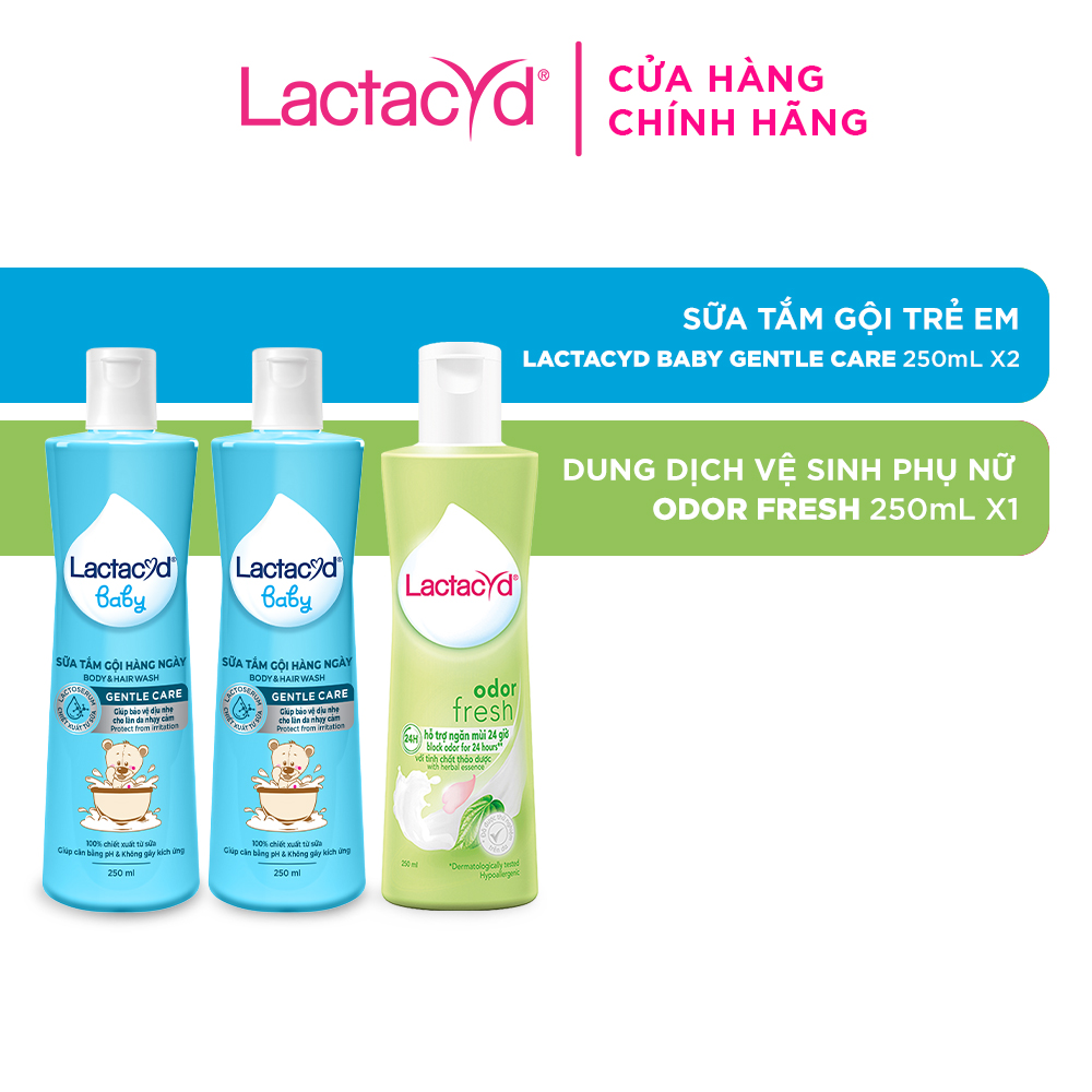 Bộ 2 chai Sữa Tắm Gội Trẻ Em Lactacyd Baby Gentle Care 250ml + 1 Dung Dịch Vệ Sinh Lactacyd Odor Fresh 250ml