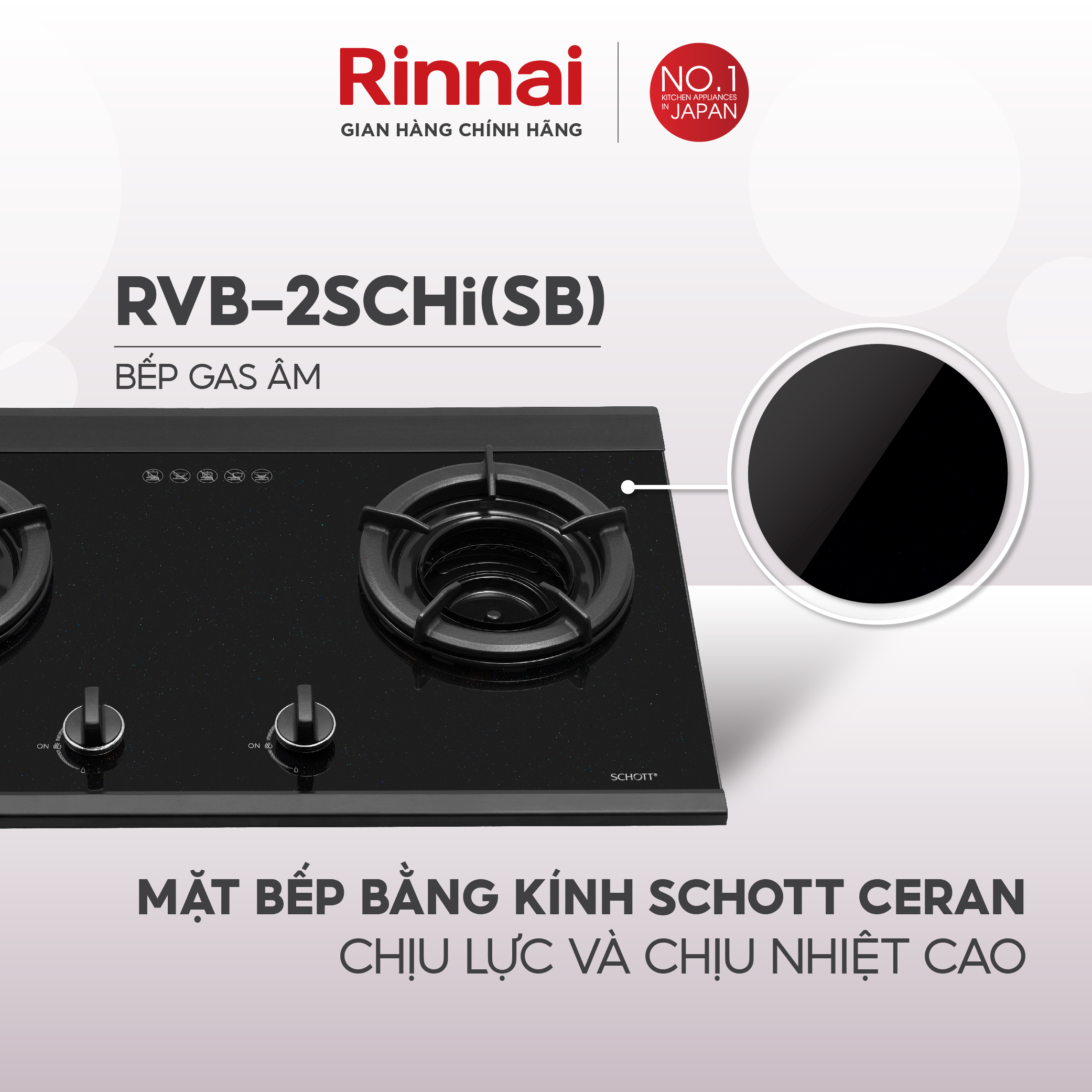 Bếp gas âm đầu đốt trong Rinnai RVB-2SCHi mặt bếp kính SCHOTT và kiềng bếp gang - Hàng chính hãng