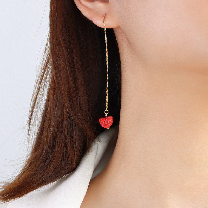 Bông Tai Titan Ko Han Rỉ Chuỗi Dài Trái Tim Đỏ TT 4030