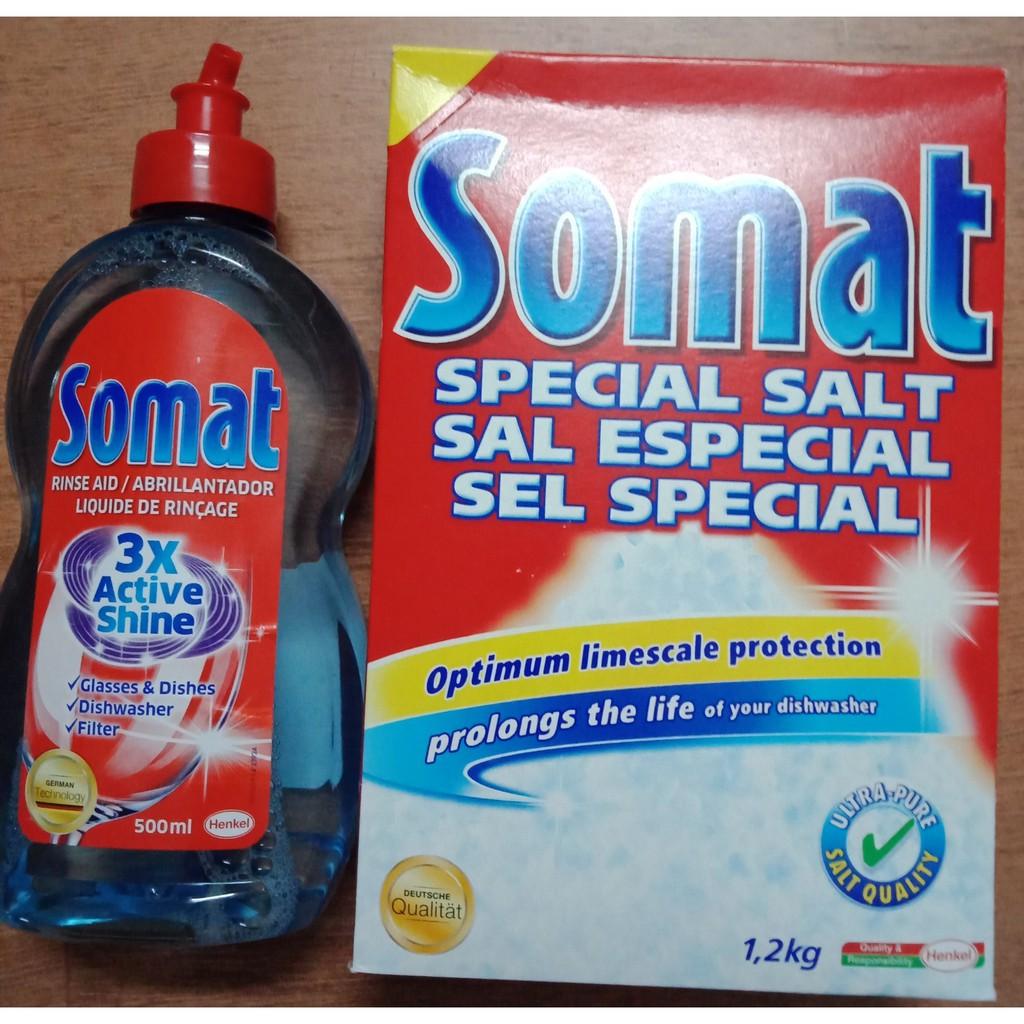 Combo Muối Rửa Bát Somat 1,2kg Và Chai Nước Làm Bóng Somat 750ml Hàng Đức