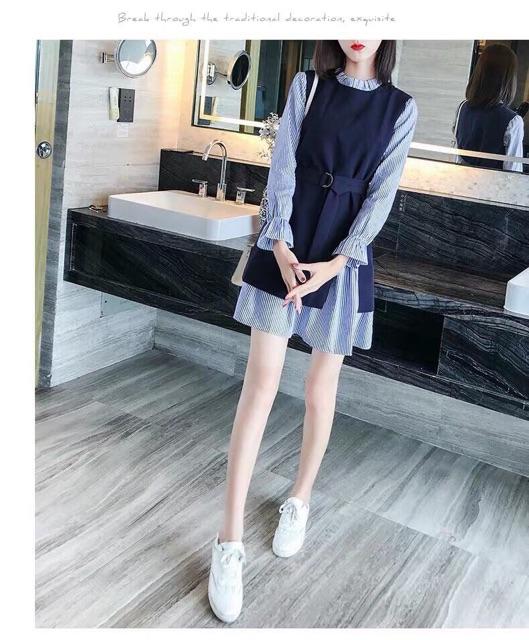 Set váy kẻ xanh phối yếm xanh than cá tính