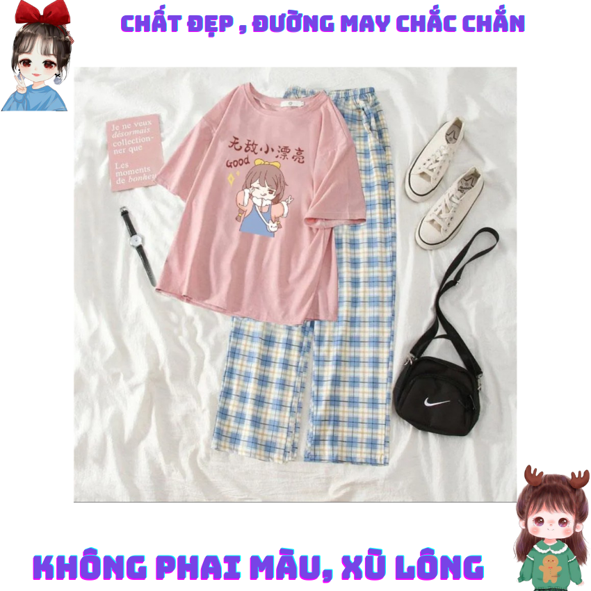 Sét Bộ Nữ SS19, Sét Đồ Nữ Đi Chơi Đẹp In Cô Gái Tóc Nâu Dễ Thương, Sét Áo Vải Cotton Và Quần Kẻ Màu Cá Tính - ÁO XANH + QUẦN