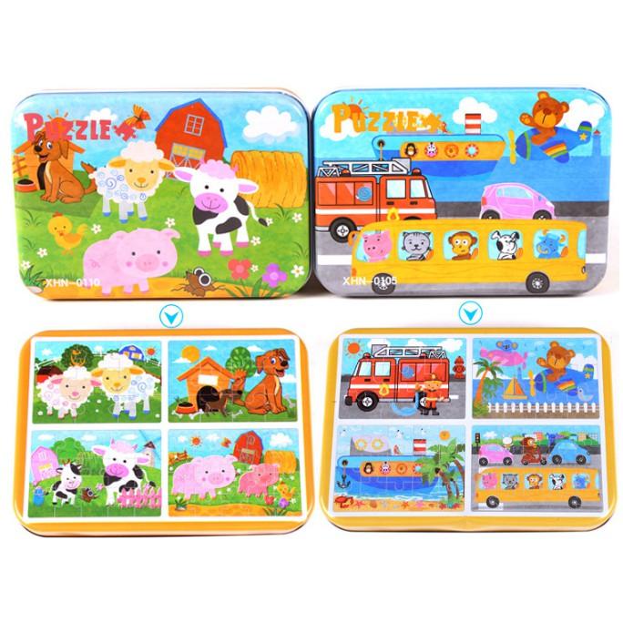 Đồ chơi bộ ghép hình Puzzle 4 cấp độ hộp sắt 9-12-15-20 miếng cho bé