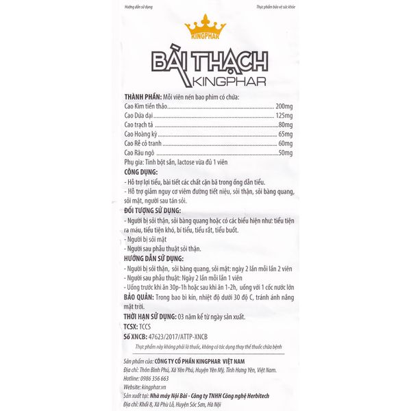 Viên Uống Lợi Tiểu BÀI THẠCH Kingphar 40 Viên - Hỗ trợ giảm nguy cơ viêm đường tiết niêu, sỏi thận, sỏi bàng quang