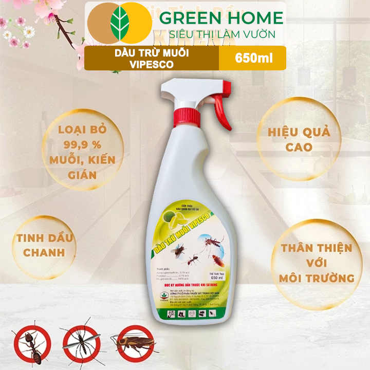 Dầu Trừ Muỗi Vipesco GreenHome, Chai 650Ml, Đặc Trị Muỗi, Kiến, Gián Nhanh Chóng, Hiệu Quả Và An Toàn