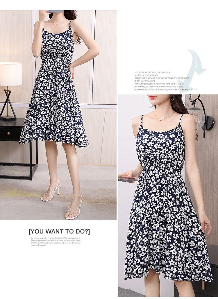 DONGSHOP Mùa hè 2023 Hàn Quốc phiên bản có thể điều chỉnh treo vest đầm mỏng mỏng trung bình dài hoa bãi biển váy
