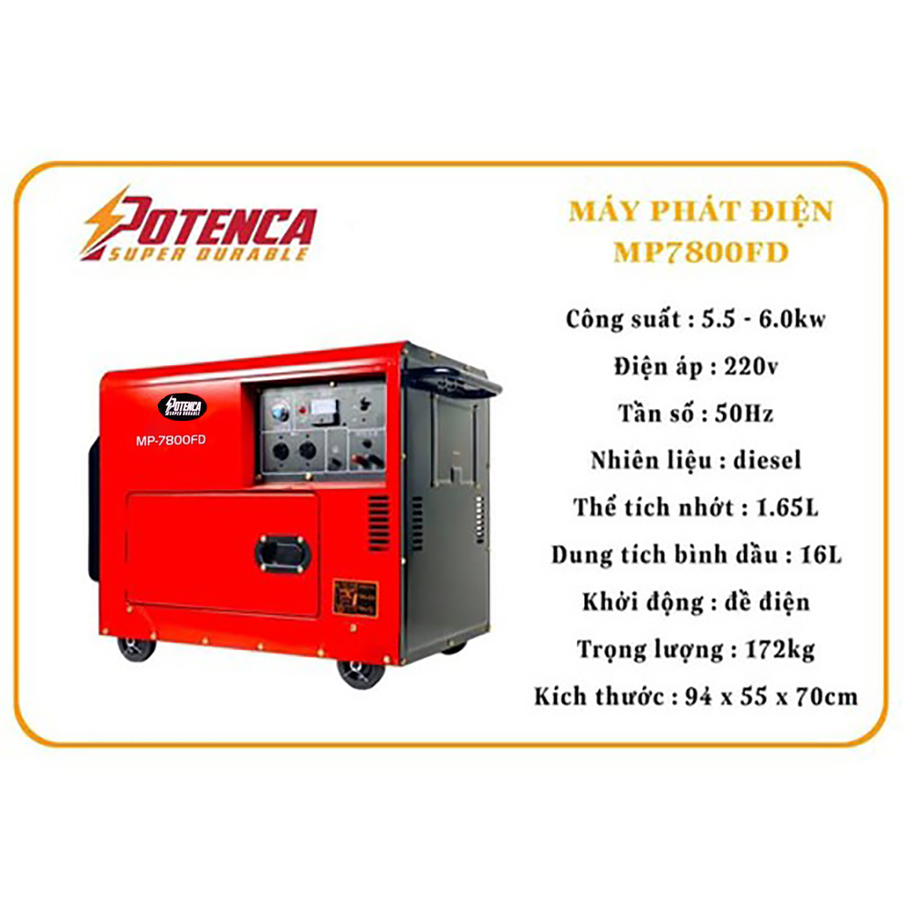 Máy Phát Điện Chạy Dầu Potenca MP-7800FD Công Suất 6Kw Được Thiết Kế Chắc Chắn Với Độ Chống Ồn Tiêu Chuẩn Là Dòng Máy Có Công Suất Vừa Phải Dành Cho Gia Đình Hoặc Nhà Xưởng, Cửa Hàng – Hàng Chính Hãng