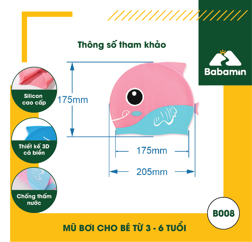 Mũ Bơi Trẻ Em 3 – 6 Tuổi Silicon – Babamin – Che Tai, Chống Nước – B008