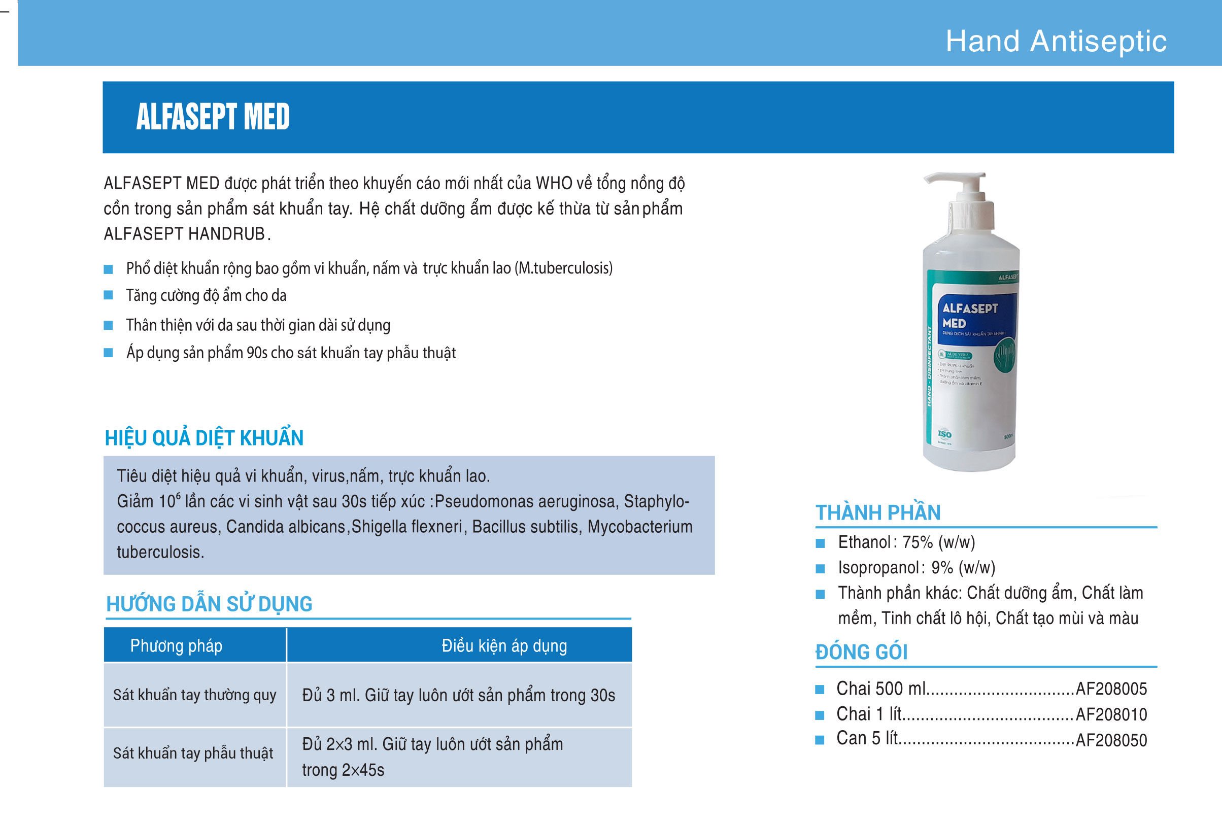 Nước rửa tay sát khuẩn nhanh  diệt khuẩn ALFASEPT MED 500ml - Theo chuẩn WHO