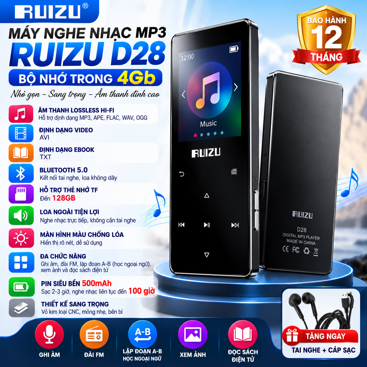 Máy Nghe Nhạc MP3 Bluetooth 5.0 Hifi Lossless RUIZU D28 Bộ Nhớ Trong 4GB/8GB - Bản Nâng Cấp Của Ruizu D01, D02, D11, D15 - Hàng Chính Hãng