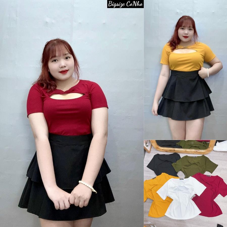 Áo thun tay ngắn xẻ ngực bigsize xoắn cổ tròn BIGSIZE CÔ NHỎ dáng croptop, Áo phông phom rộng 60-95kg G119
