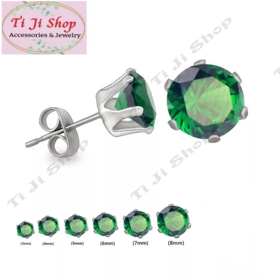 Bông tai inox đá tròn màu xanh lá cao cấp  không đen, không gỉ sét, không dị ứng