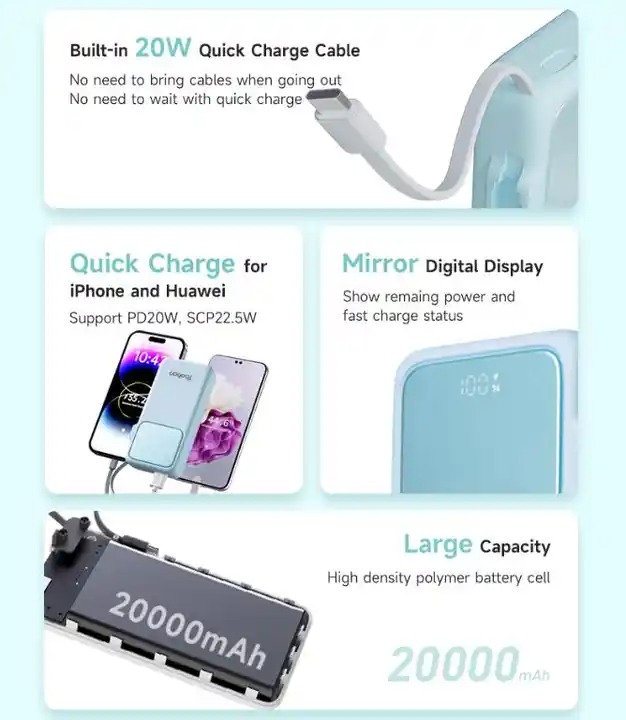 Pin sạc dự phòng 20000mAh YOOBAO PDL20/Q22 22.5W kèm cáp type-C màn hình hiển thị % pin Sạc nhanh chuẩn PD20W QC3.0 SCP22.5W Pin Dự Phòng - Hàng chính hãng