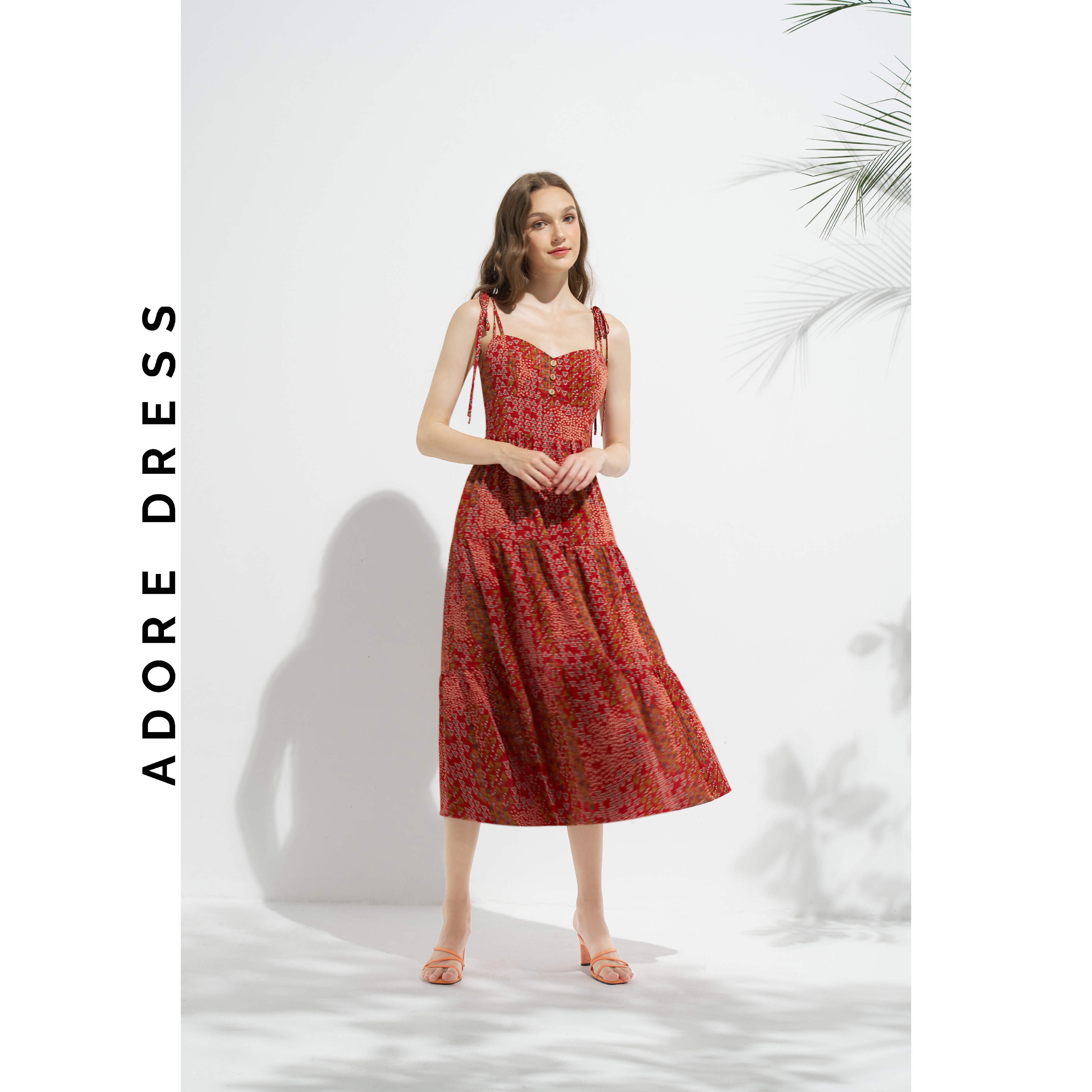 Đầm Maxi resort style lụa họa tiết hoa nhí đỏ khuy dừa 311DR3010 ADORE DRESS