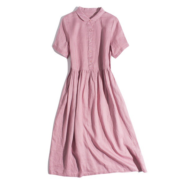 Đầm suông dáng babydoll ngắn tay thiết kế cổ sen mềm mại vải Linen thô cao cấp da158