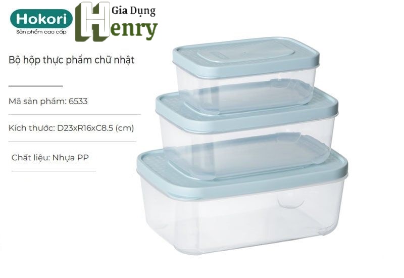 Bộ 3 hộp đựng thực phẩm chữ nhật Hokori - hàng Chính Hãng