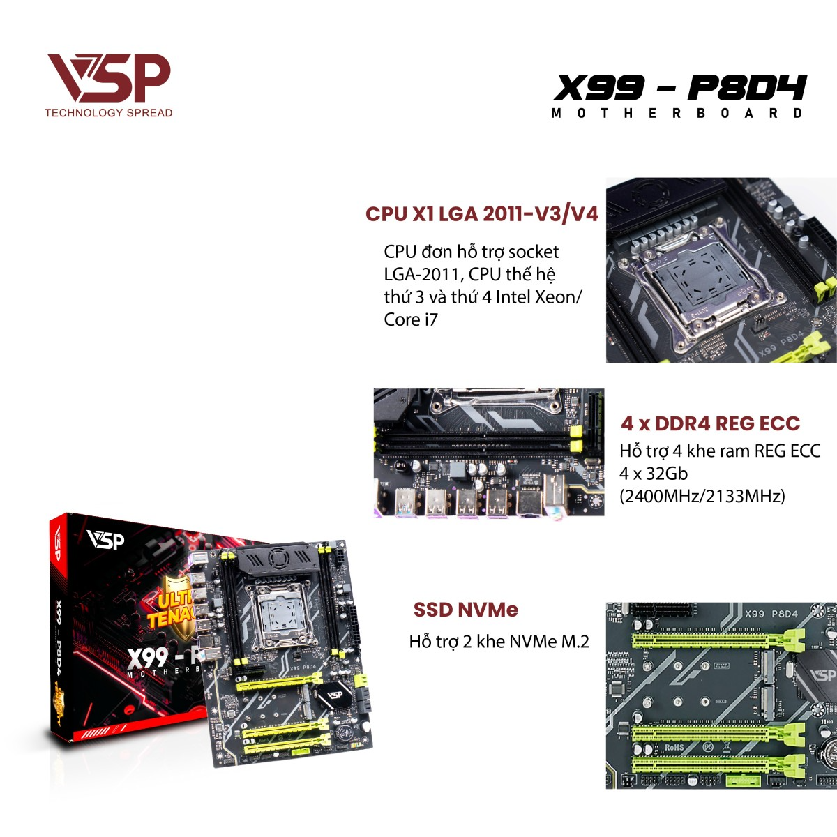 Bo Mạch Chủ Main VSP X99-P8D4 Socket LGA 2011 – Hàng Chính Hãng