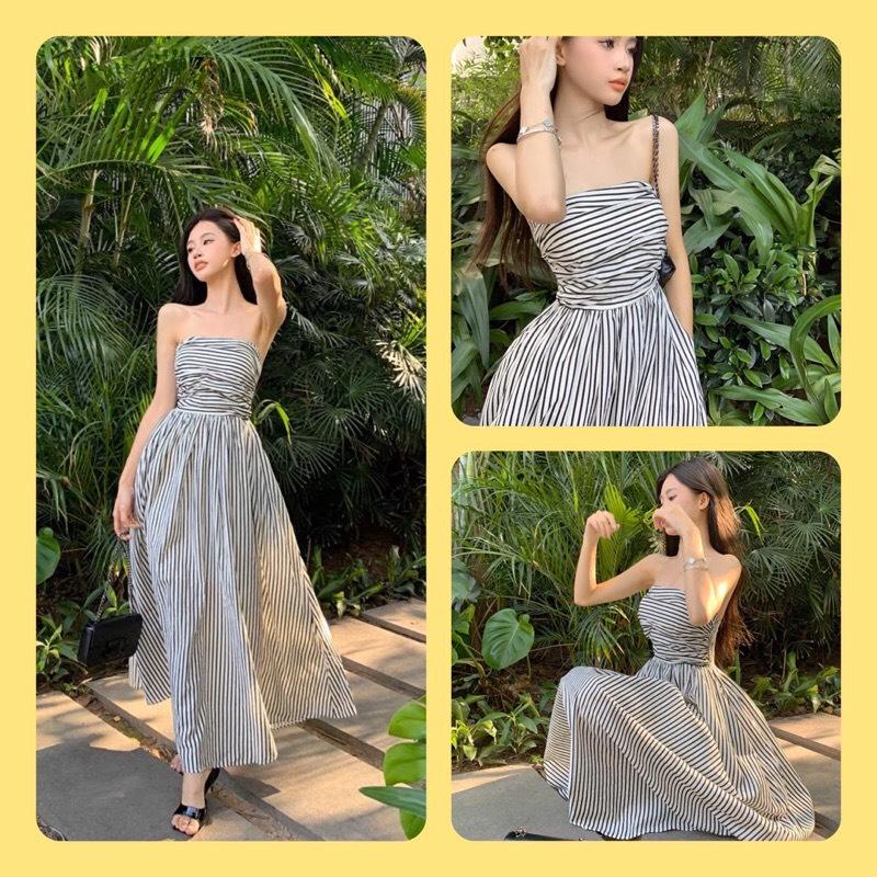 VÁY ĐI CHƠI, VÁY MAXI 2S KẺ CÚP NGỰC DÁNG DÀI XÒE CỰC HOT