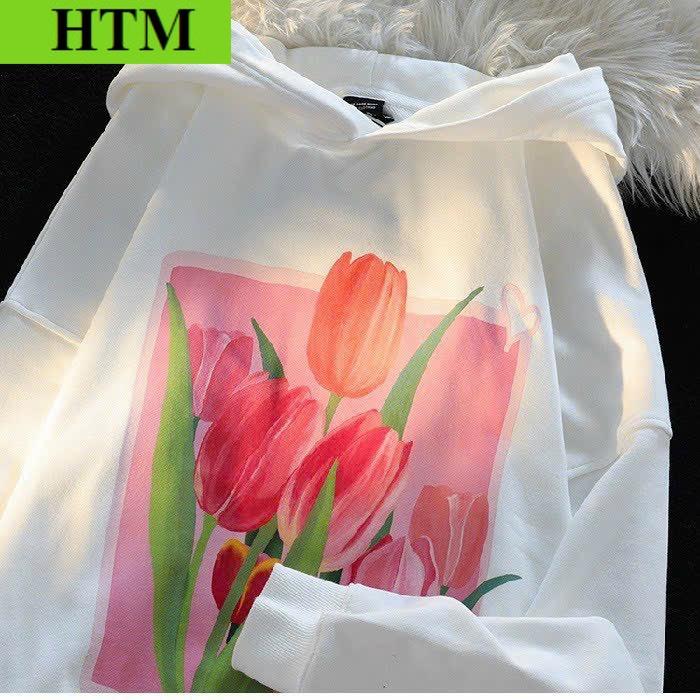 [FREESHIP] Áo Khoác Nỉ Hoodie Form Rộng Áo Dày Dặn Trước Áo In Hình Bông Hoa TULIP HTM FASHION - Đen