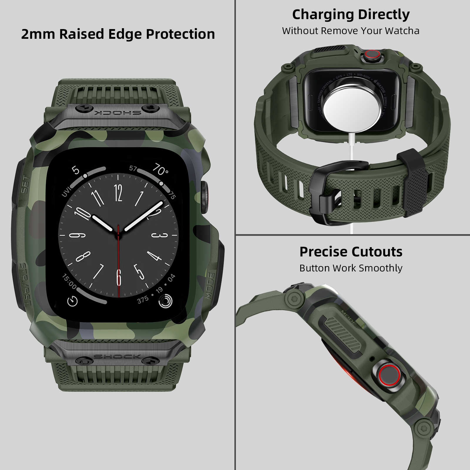 Ốp Case bảo vệ tích hợp dây đeo Camo Shock cho Apple Watch Series 1/2/3/4/5/6/SE/7/8/9/SE2 Size 45mm/44mm/42mm - Hàng Chính Hãng