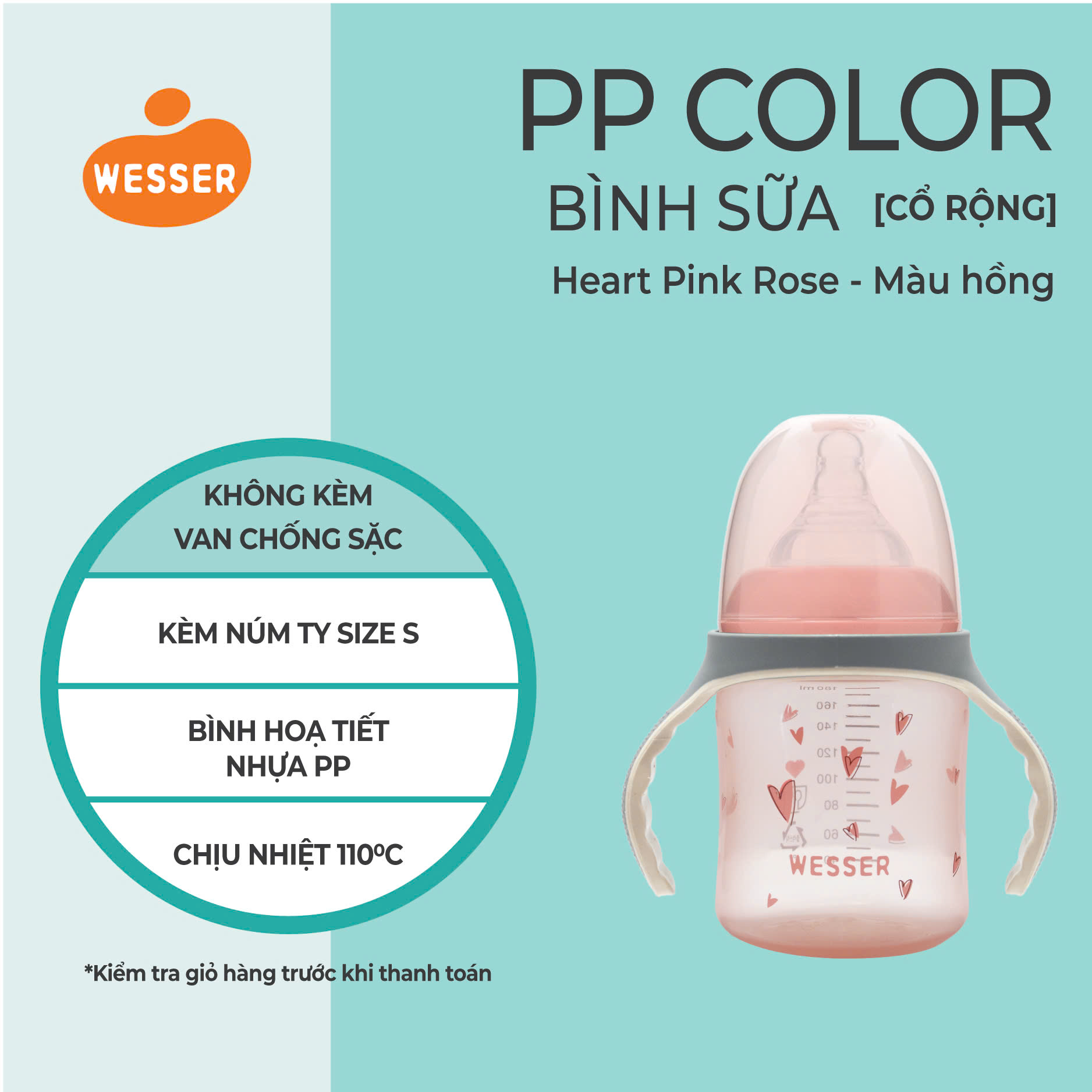 Bình sữa CỔ RỘNG PP COLOR Wesser 180ml/260ml