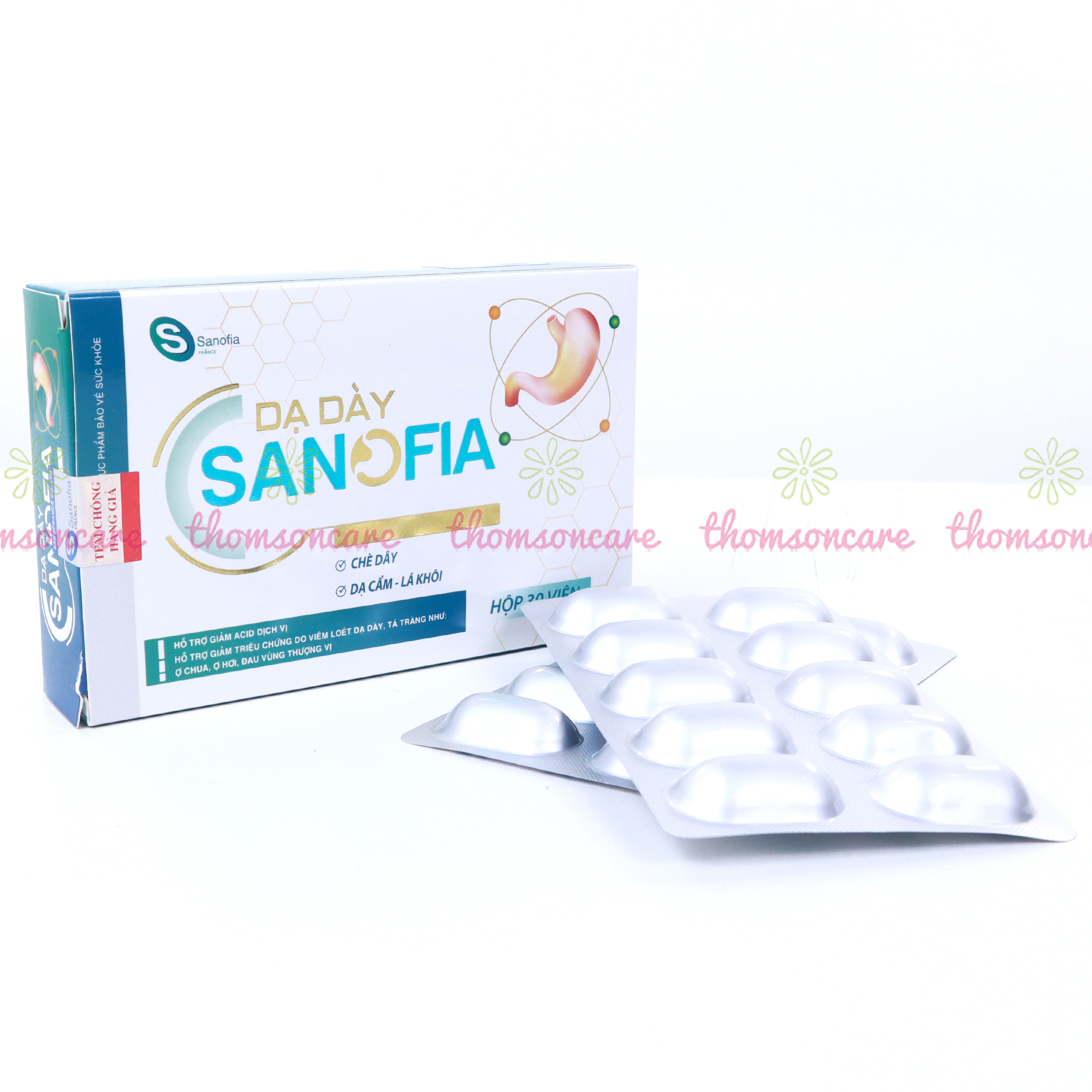 Viên uống giảm đau dạ dày Sanofia - giảm acid dịch vị, trào ngược, ợ hơi, ợ chua, đau thượng vị từ cây chè dây- Hộp 30 viên - Thomsoncare