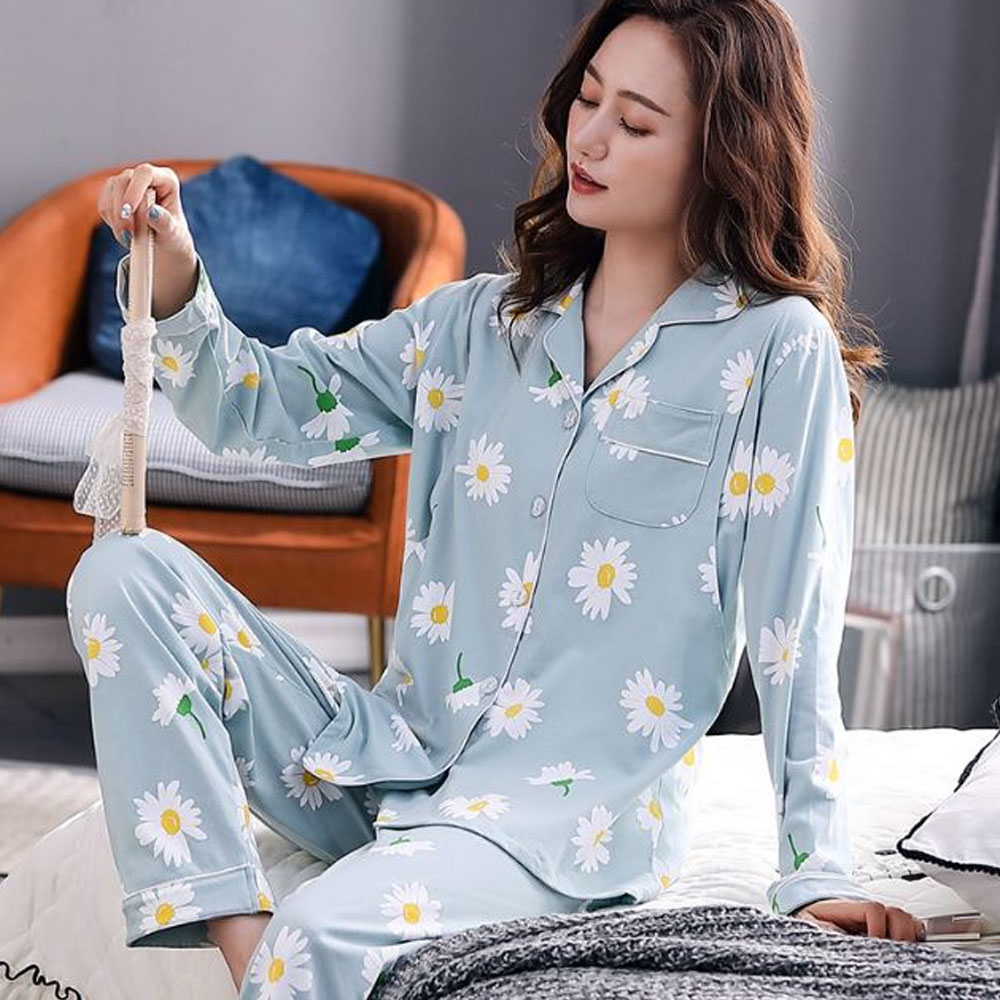 Bộ Đồ Pyjama Bầu Và Sau Sinh Dài Tay Az9446 Chất Liệu 100%Cotton Họa Tiết Hoa Cúc Dễ Thương Có Thiết Kế Cho Bé Ti