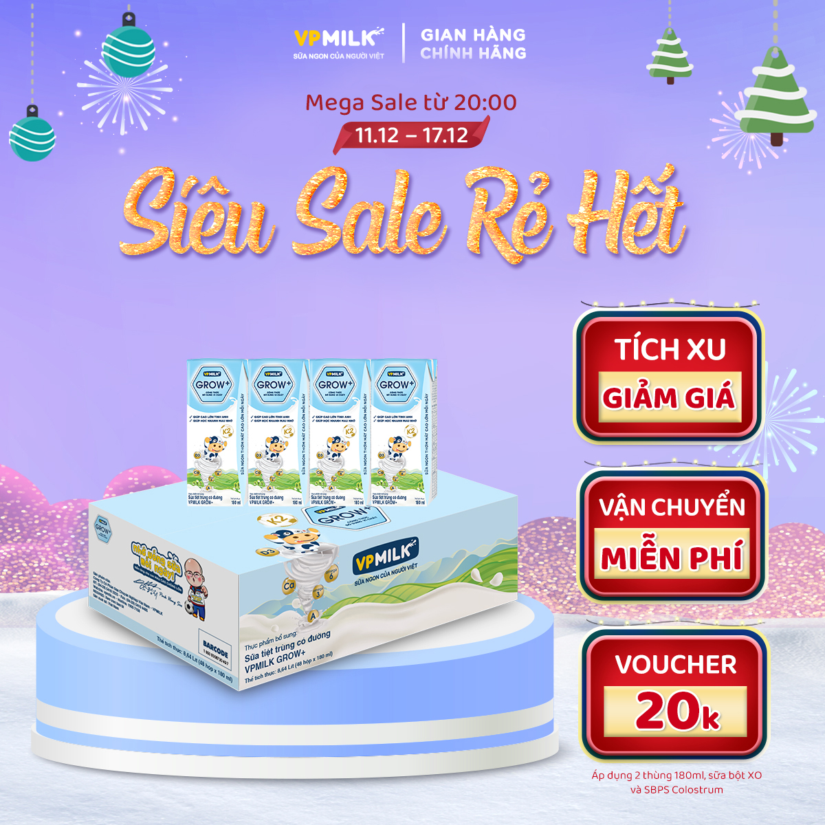 Sữa Tiệt Trùng Có Đường Vpmilk Grow Hộp 180Ml Thùng 48 Hộp