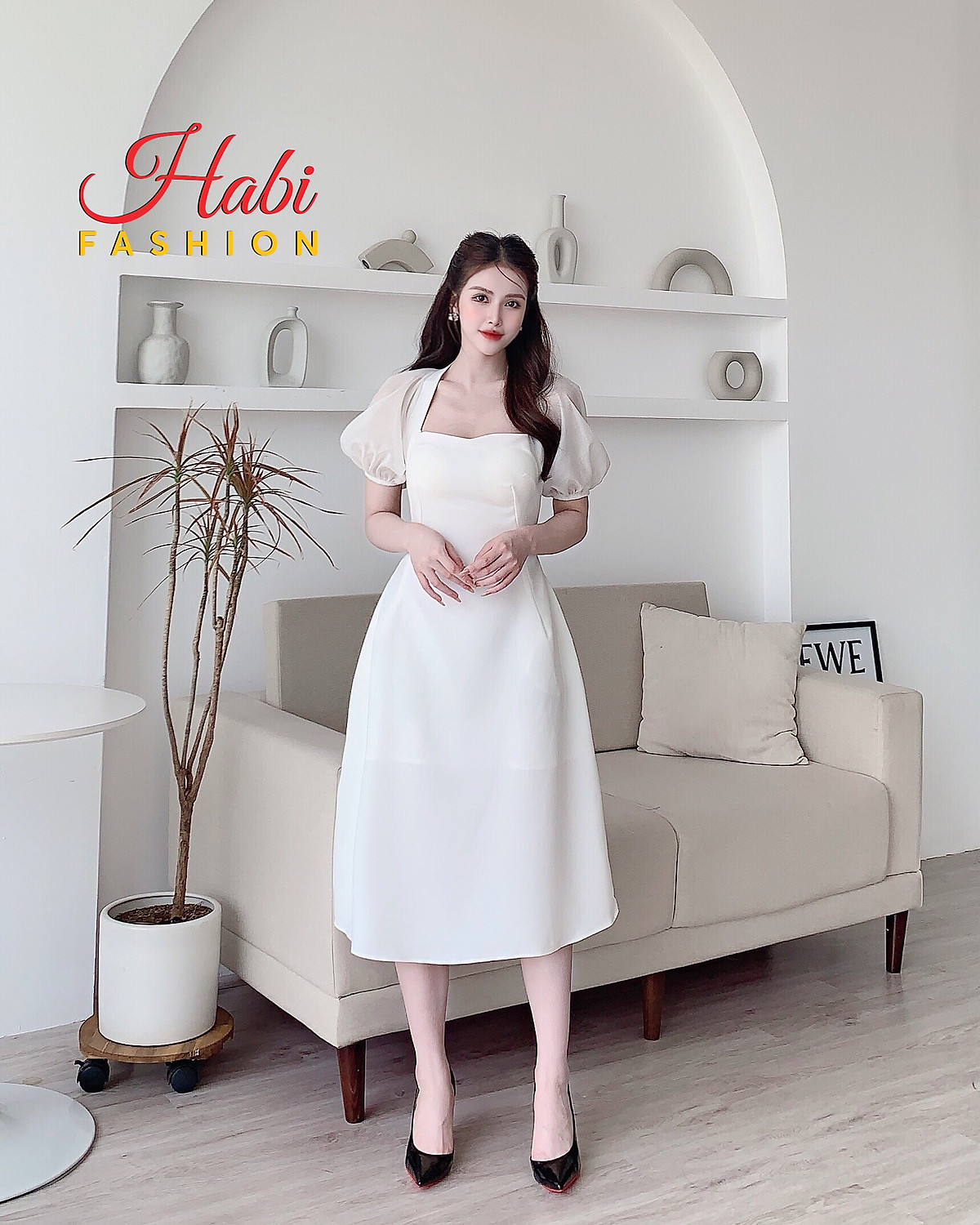 Váy đầm thiết kế tay tơ bồng nhẹ ôm eo tôn dáng tiểu thư chất đẹp 2 lớp