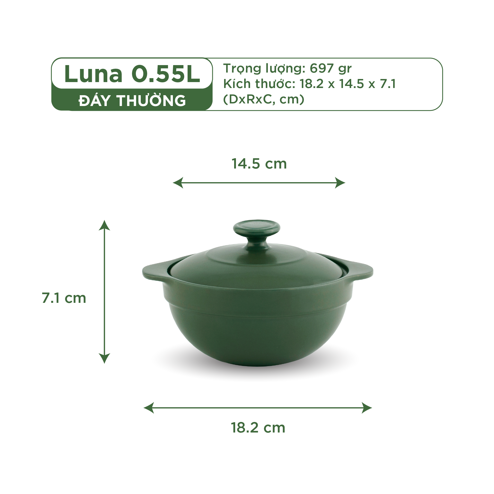 Nồi Sứ Dưỡng Sinh Minh Long Healthy Cook Luna 0.55 L - Dùng Cho Bếp Gas, Bếp Hồng Ngoại