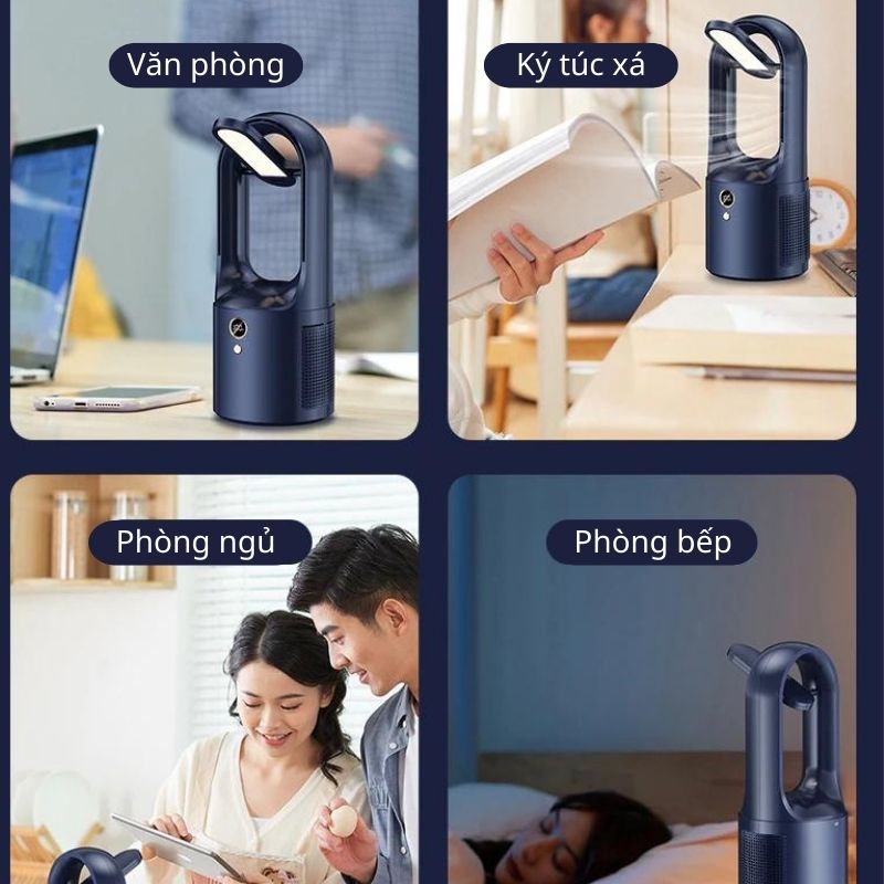 Quạt Không Cánh Cao Cấp, Kiêm Đèn Học Chống Cận Thị, Có 6 Chế Độ gió, Quạt Sạc Điện Để Bàn kiêm Đèn Ngủ, Đèn Học, Tiện Lợi Hơn Quạt Mini, Quạt Đeo Cổ