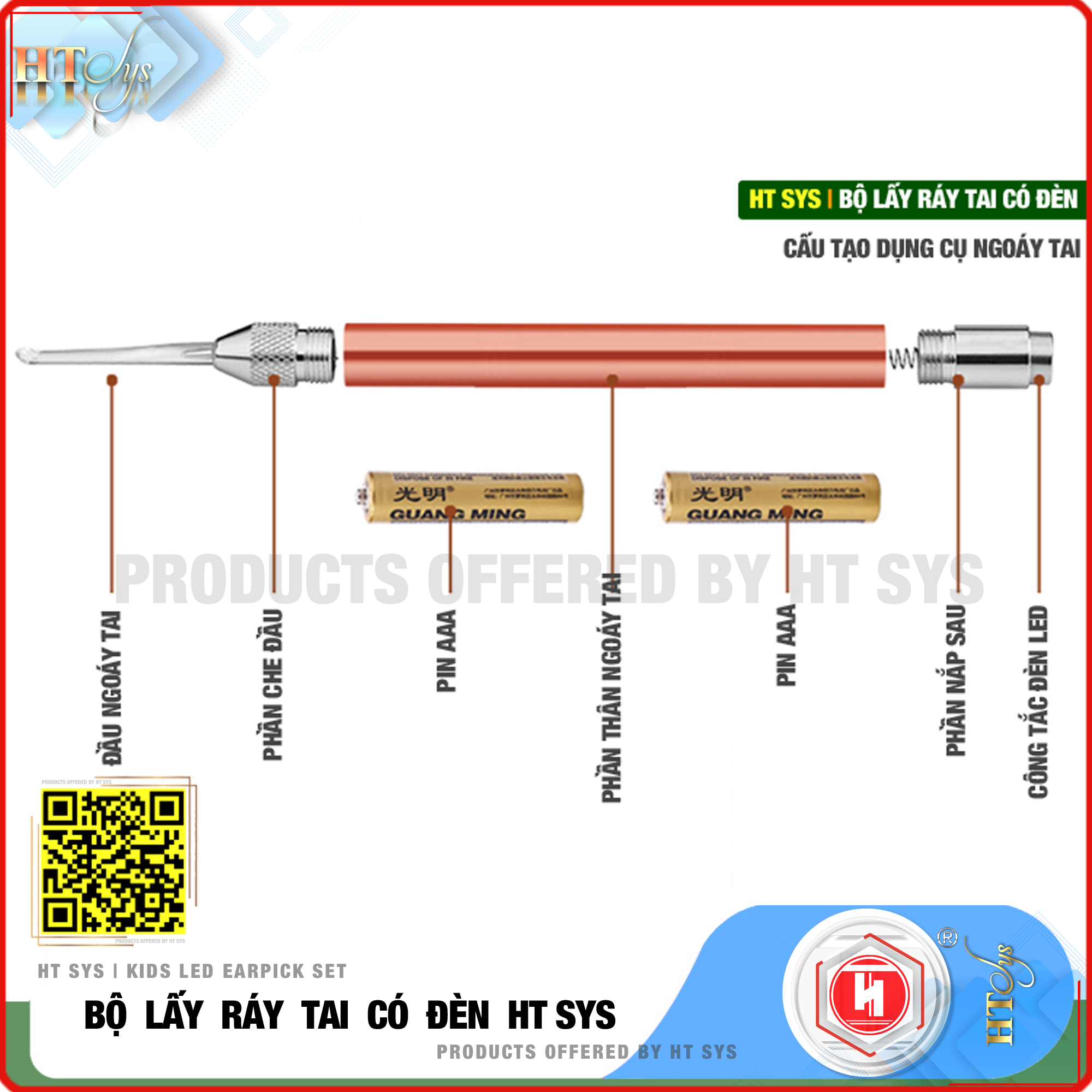 Bộ Dụng Cụ Lấy Ráy Tai HT SYS Flashlight Earpick - Bộ Ngoáy Tai Tích Hợp Đèn Led Cao Cấp - An Toàn, Tiện Lợi Cho Bé và Gia Đình