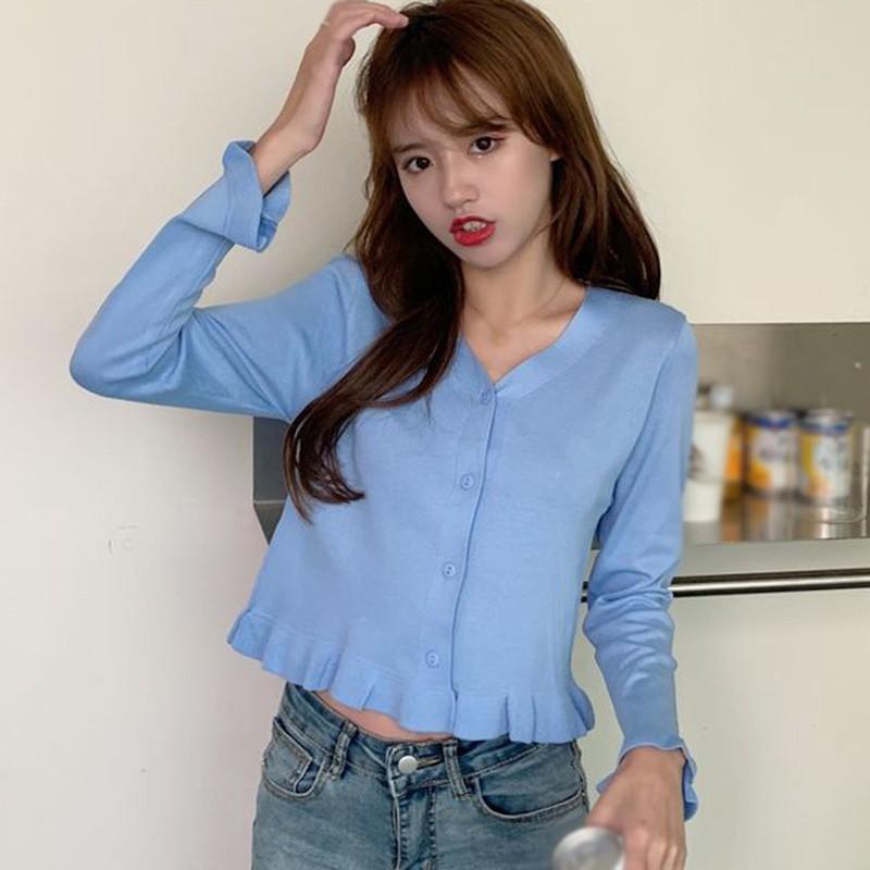 Áo Cardigan Dệt Kim Tay Dài Phối Nút Thiết Kế Cổ Chữ V Thanh Lịch