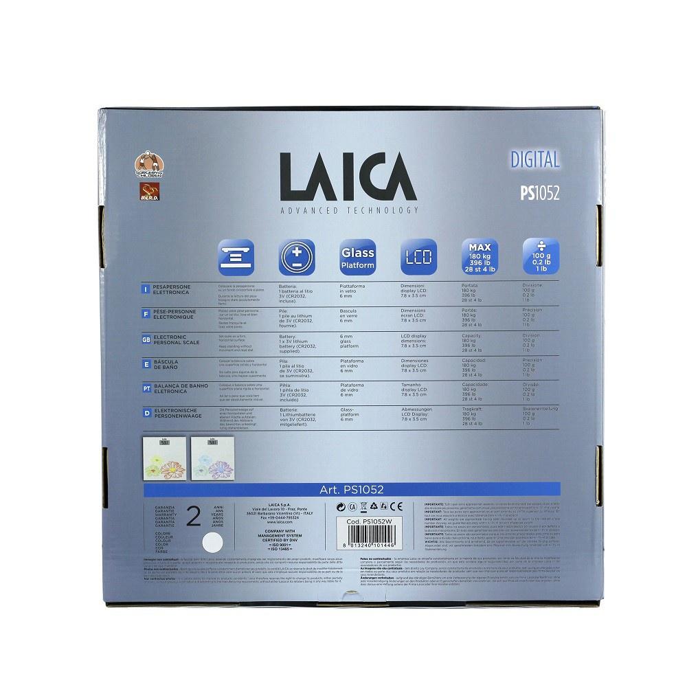 Cân điện tử sức khỏe Laica PS1052W, kiểu dáng sang trọng, màn hình LCD lớn, mặt kính cường lực dày