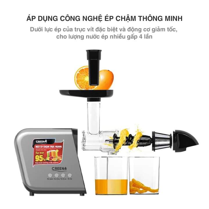 MÁY ÉP CHẬM TRỤC NGANG CREEN CRJ-250 - Hàng Chính Hãng, Làm Kem, Ép Rau Củ Quả, Ép Kiệt Bã 95% Thiết Kế Đột Phá, Dễ Dàng Vệ Sinh