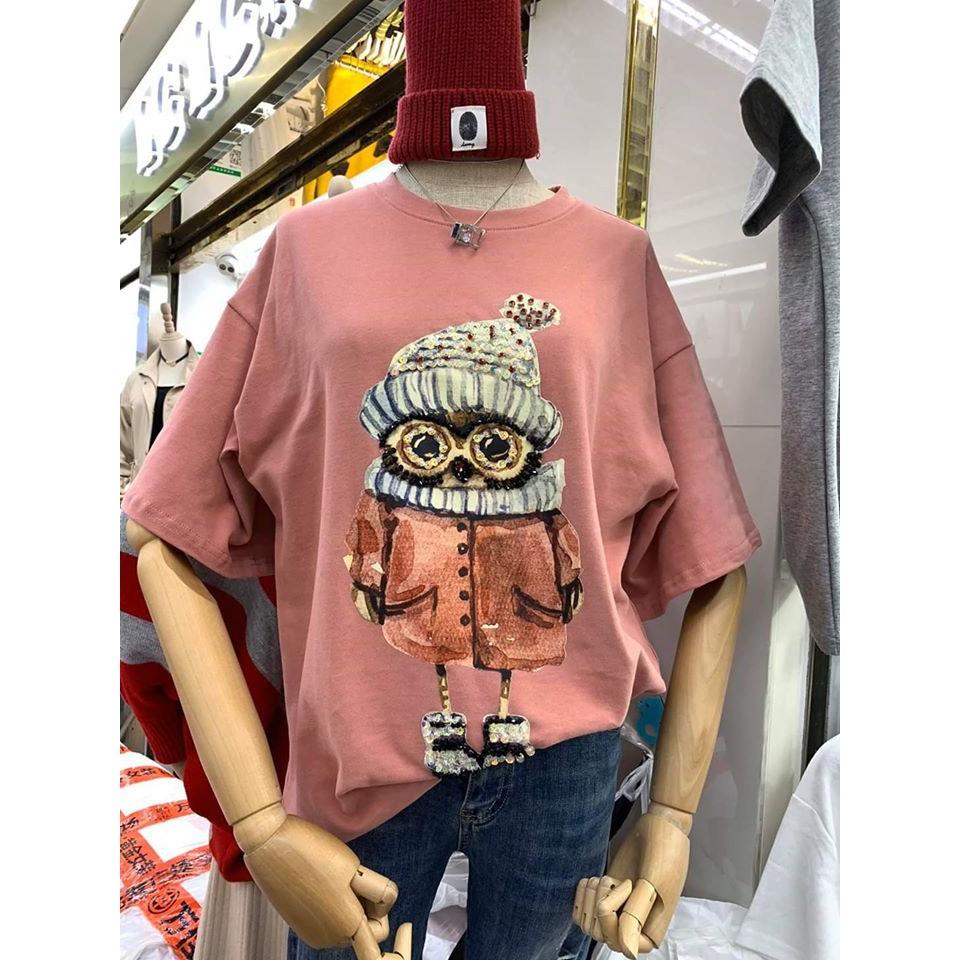 Áo phông hồng hình cú chibi xinh xắn