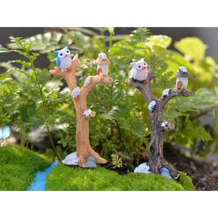Mô hình cây gỗ với chim cú mèo đậu trang trí tiểu cảnh, bonsai, DIY
