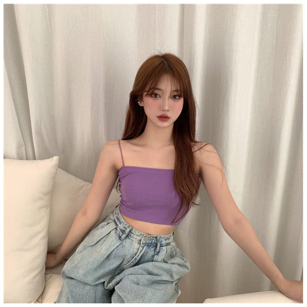 Áo hai dây sợi bún croptop CRA019 chất bo gân màu TÍM/ĐEN/TRẮNG