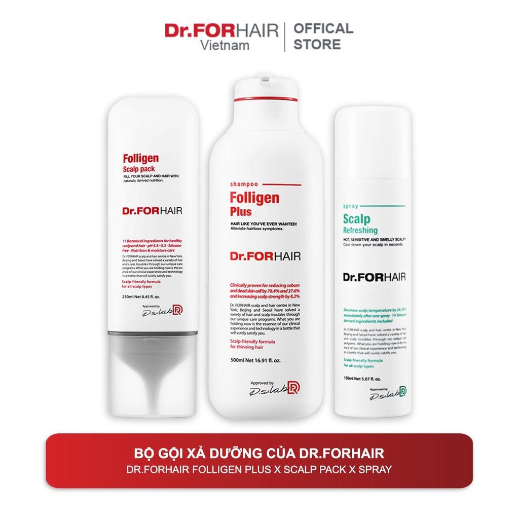 Bộ gội xả dưỡng xịt mát da đầu của Dr.FORHAIR Folligen Plus 500ml x Scalp Pack 250ml x Spray 150ml