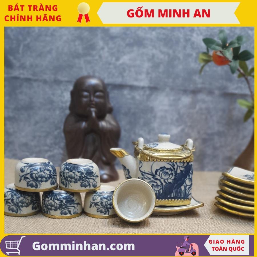 Bộ ấm trà giả cổ Gốm sứ Bát Tràng dáng ấm vuông bọc đồng vẽ hoa sen- Gốm Minh An- Ấm trà đẹp