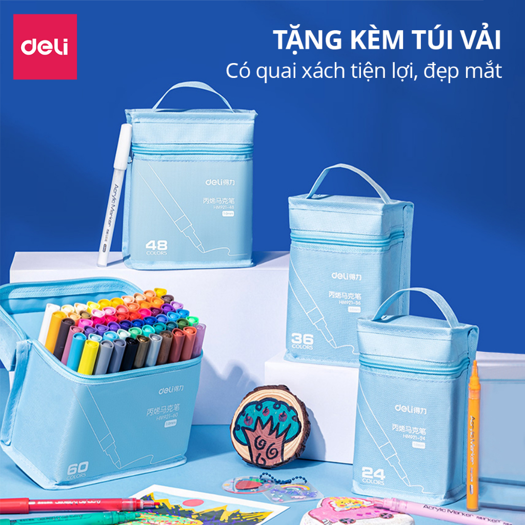 Bút Sơn Acrylic Marker Chống Nước Deli - Kèm túi vải - 24/36/48/60 Màu Vẽ Trên Mọi Chất Liệu Tô Màu DIY Giày Vải Chai Lọ