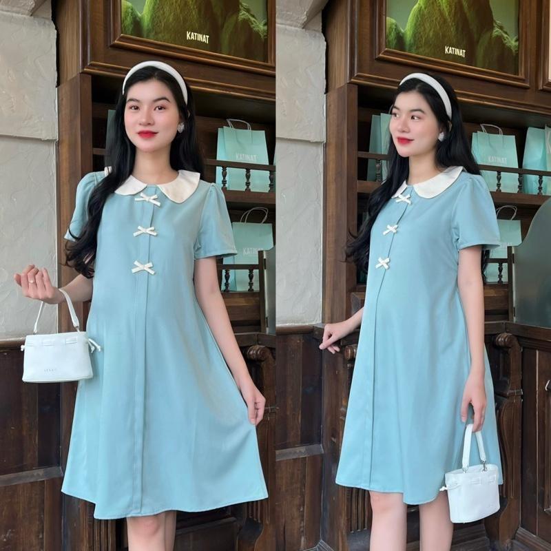 Đầm bầu công sở cổ sen đính 3 nơ dễ thương chất cotton lạnh mềm mịn - Hồng