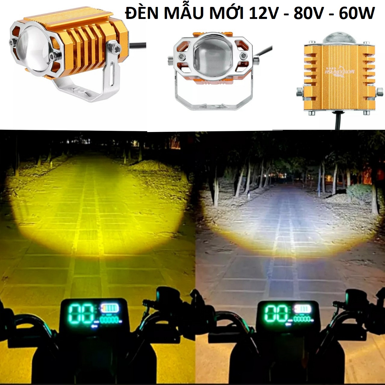 Đèn trợ sáng xe máy ô tô 45W, 12v-80v cốt vàng pha trắng 2 màu siêu gom mẫu mới chống nước