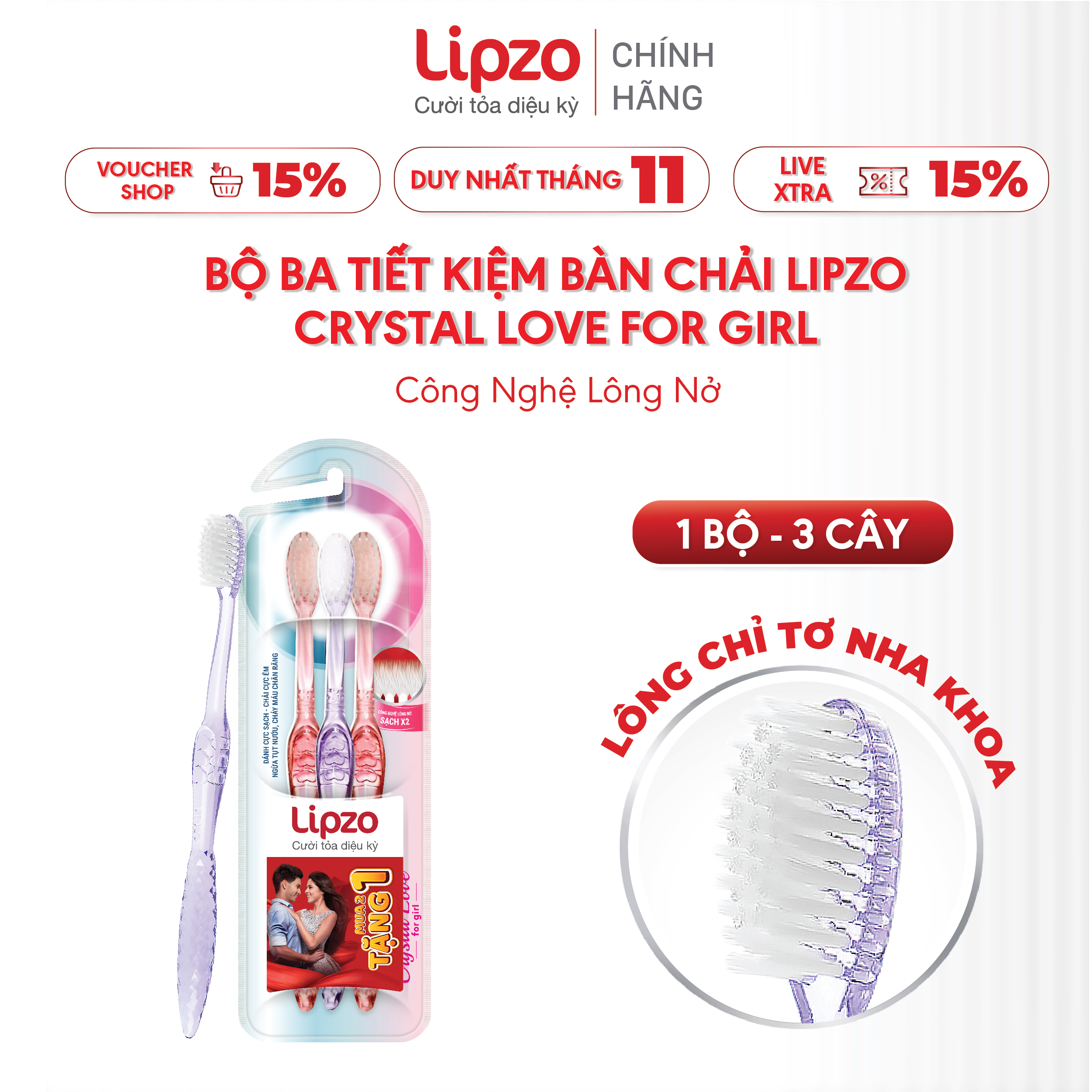 Bộ Đôi Tiết Kiệm Bàn Chải Đánh Răng Lipzo Crys Love For Girl Cho Nữ Giới Công Nghệ Lông Nở Kết Hợp Chỉ Tơ Nha Khoa