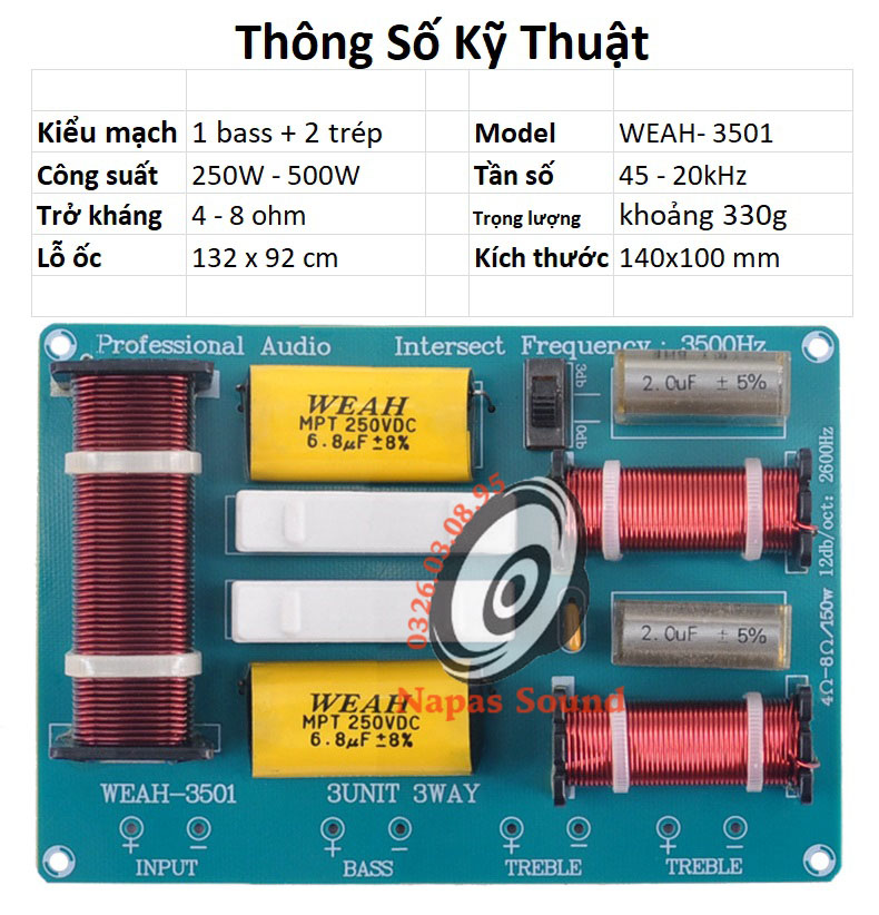 BỘ 2 CÁI MẠCH PHÂN TẦN 3 LOA WEAH3501 - LẮP 1 BASS 2 TRÉP HOẶC 4 TRÉP - PHÂN TẦN THÙNG LOA NẰM